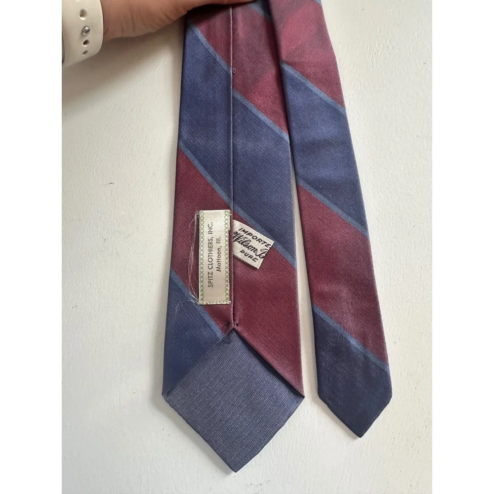 Vintage Wilson Brothers Pure Silk Striped Tie Burgundy Navy Blue Regimental